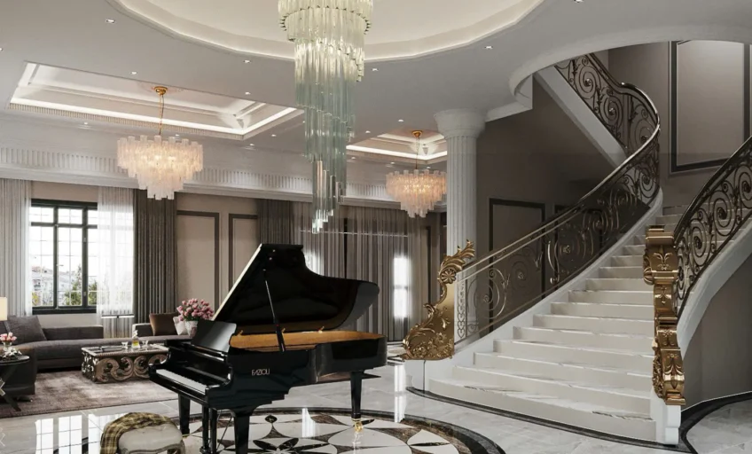 Nội thất phòng khách biệt thự hạng sang với đàn piano, đèn chùm cao cấp và cầu thang đá cẩm thạch.