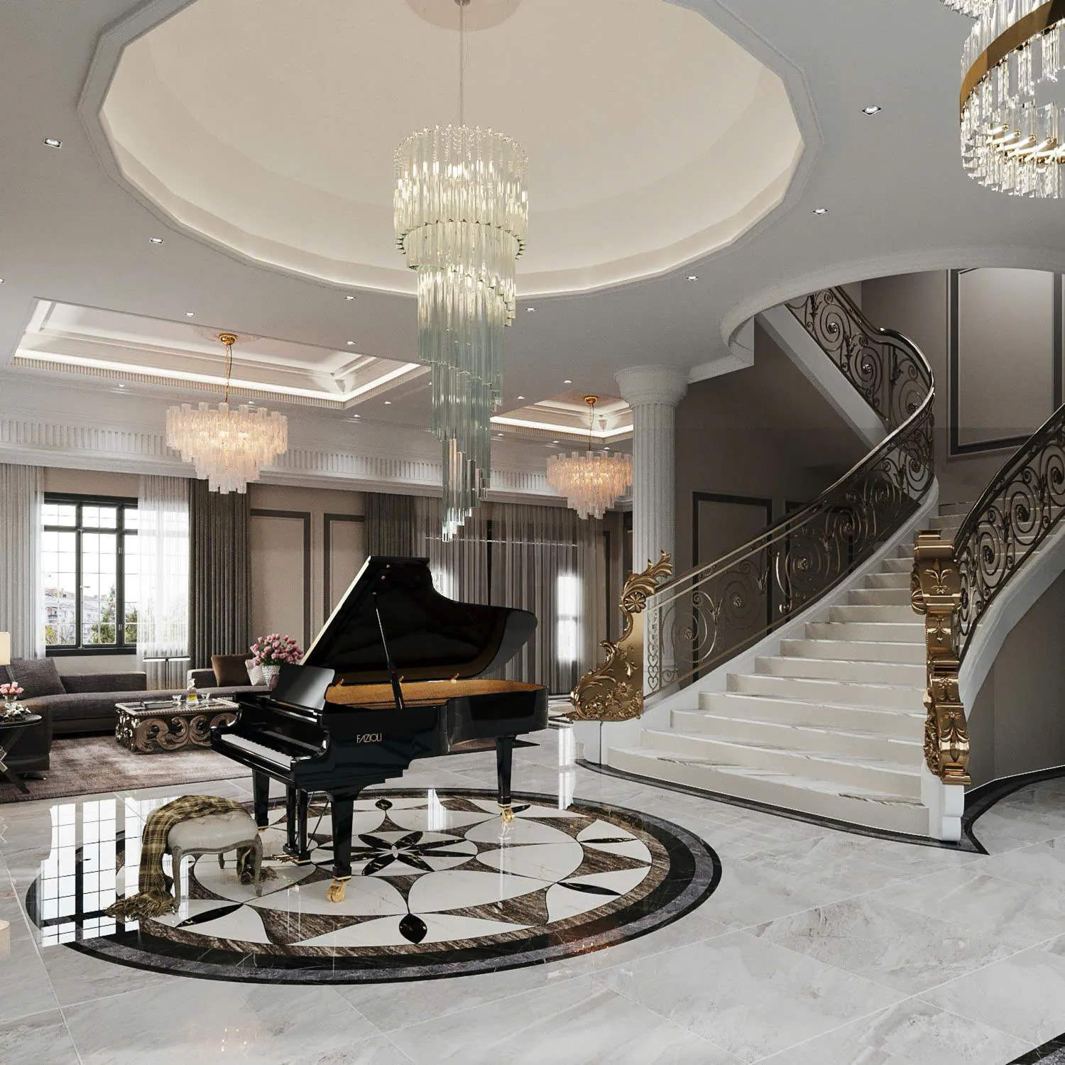 Nội thất phòng khách biệt thự hạng sang với đàn piano, đèn chùm cao cấp và cầu thang đá cẩm thạch.